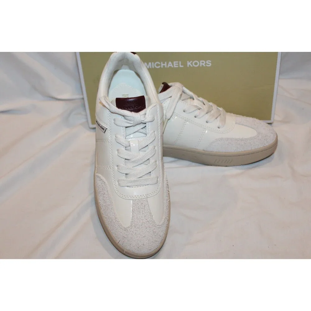 MICHAEL KORS Kai Lace Up Women's Faux Leather Sneakers White Burgundy NEW 7.5